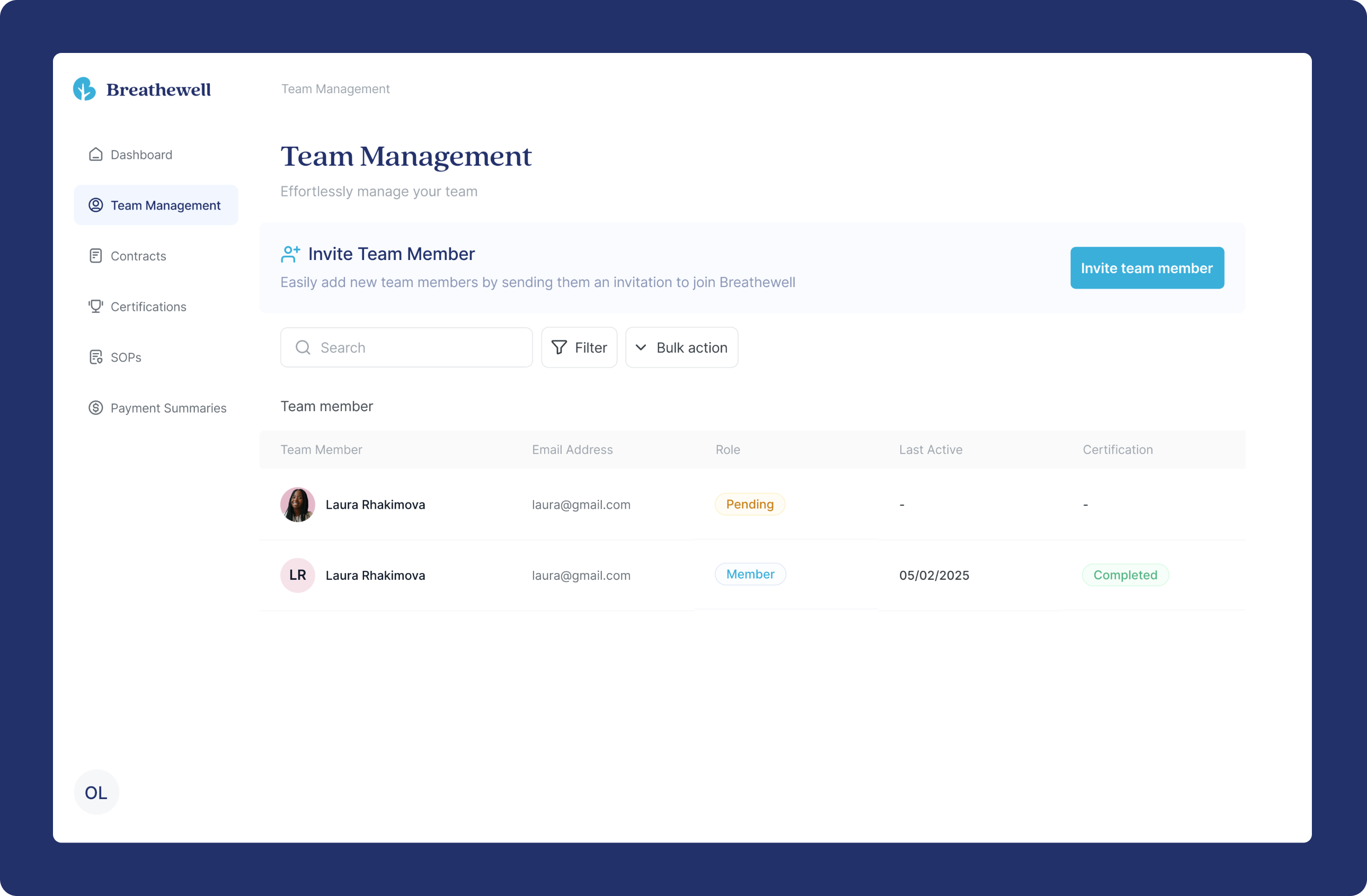 Breathewell team management